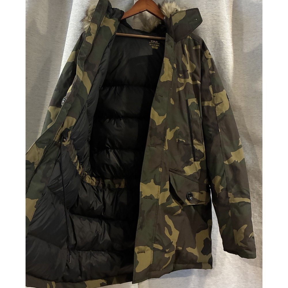 Polo Ralph Lauren Green Camo Fur Hoodie Puffer Jacket Size XL Preppy - Picture 2 of 7